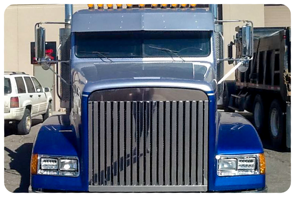 Freightliner semi truck #008 front view in two-tone blue