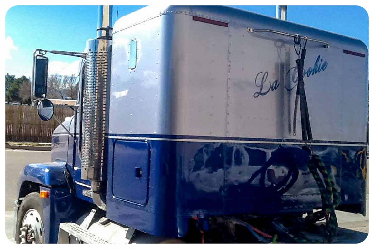 Freightliner semi truck #008 side view showing blue and silver paint