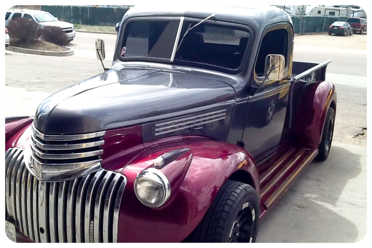 1941 Chevrolet pickup front view with burgundy and black custom paint